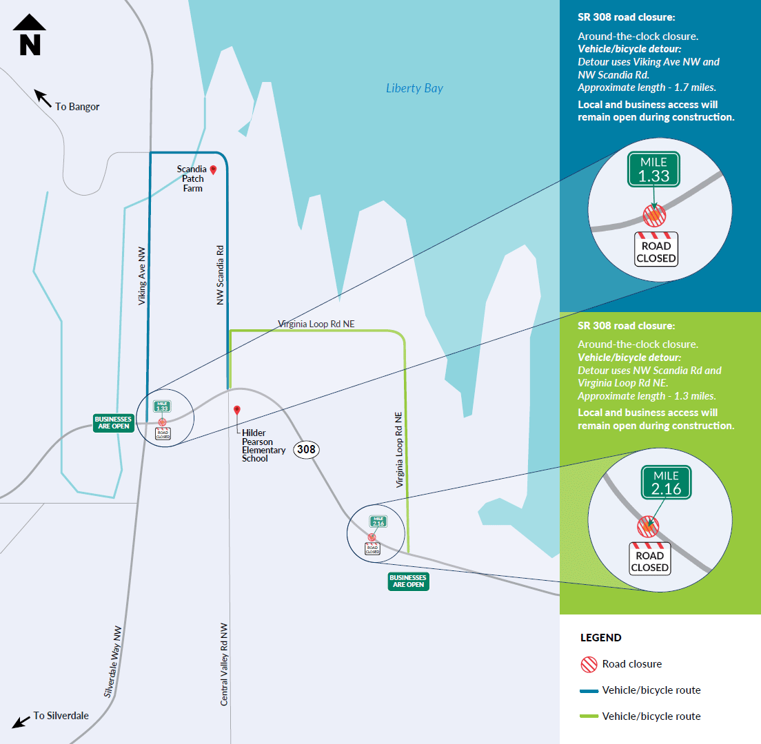 Map graphic showing the detour route around the closures at milepost 1.33 and milepost 2.16 on SR 308, west of Keyport. The vehicle and bicycle for milepost 1.33 uses Viking Ave NW and NW Scandia Rd and the approximate length is 1.7 miles. The vehicle and bicycle detour for milepost 2.16 uses NW Scandia Rd and Virginia Loop Rd NE and the approximate length is 1.3 miles. Local and business access will remain open during construction.