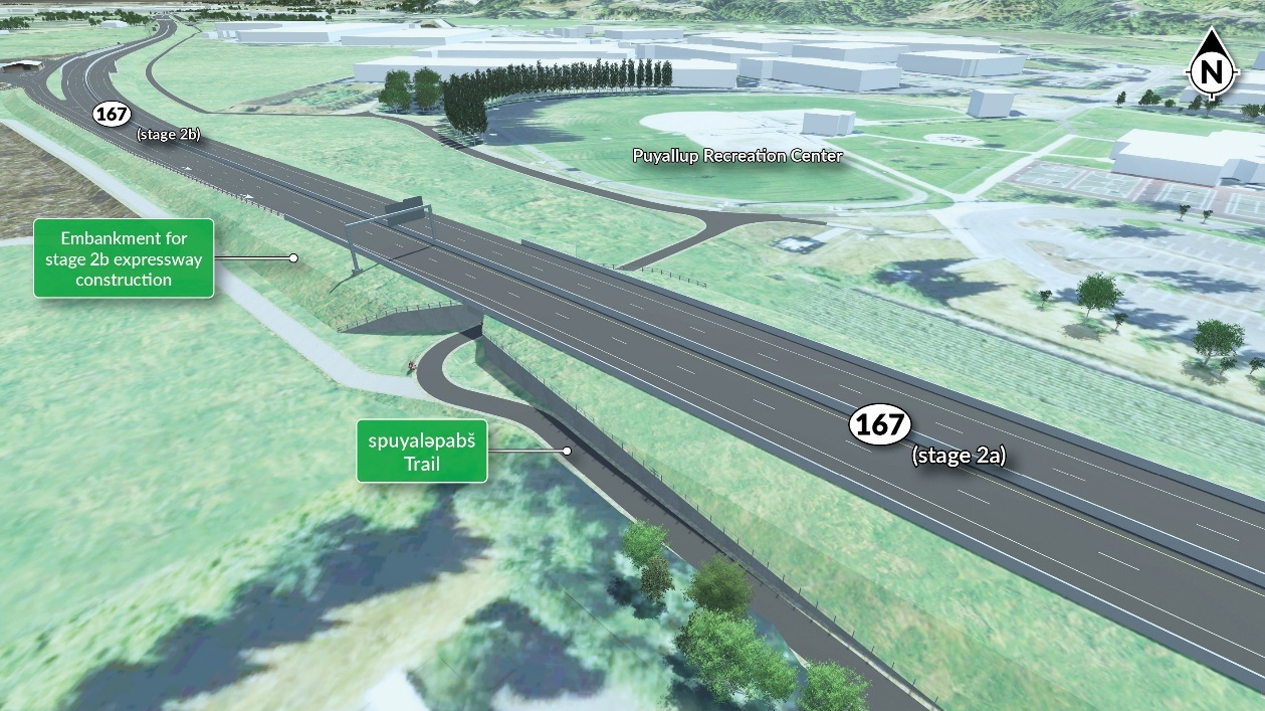 WSDOT will build new embankments between the Puyallup Recreation Center and SR 410 to support construction of the new expressway, diverging diamond interchange and roadway widening between SR 161/North Meridian Avenue and SR 410.