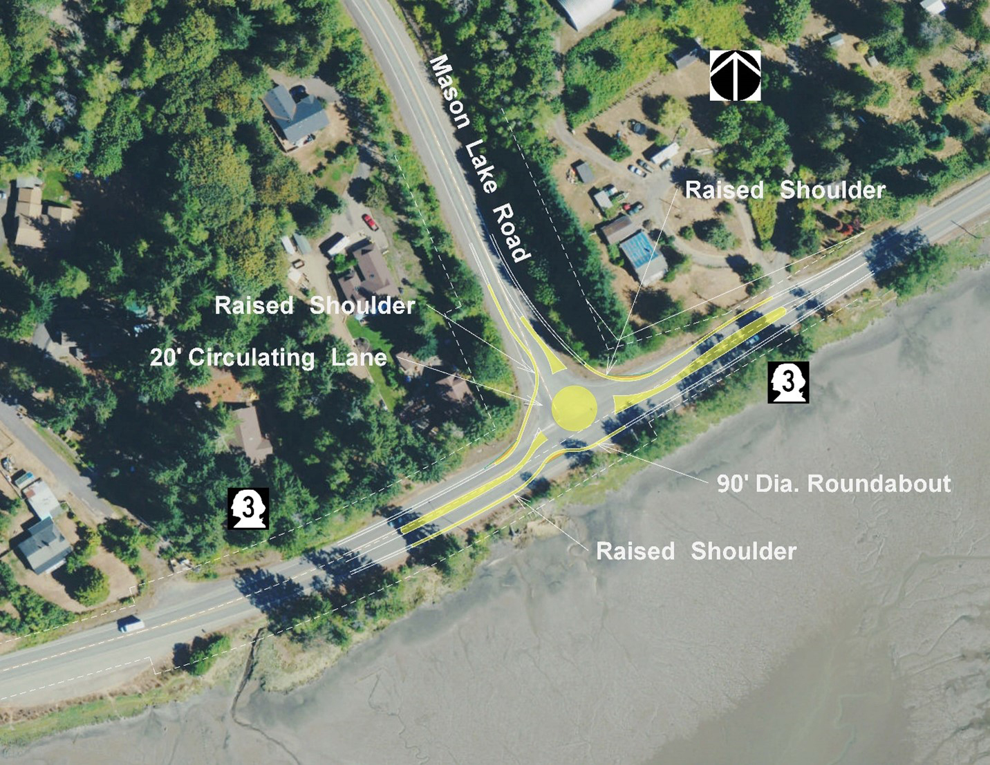 Aerial view of the intersection at SR 3 and Mason Lake Road with a simple design for the roundabout overlayed on top