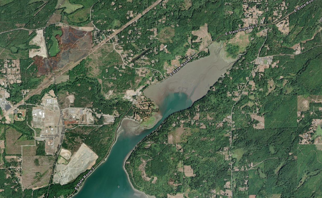 A satellite map of SR 3 at the Mason Lake Road intersection north of Shelton, Washington