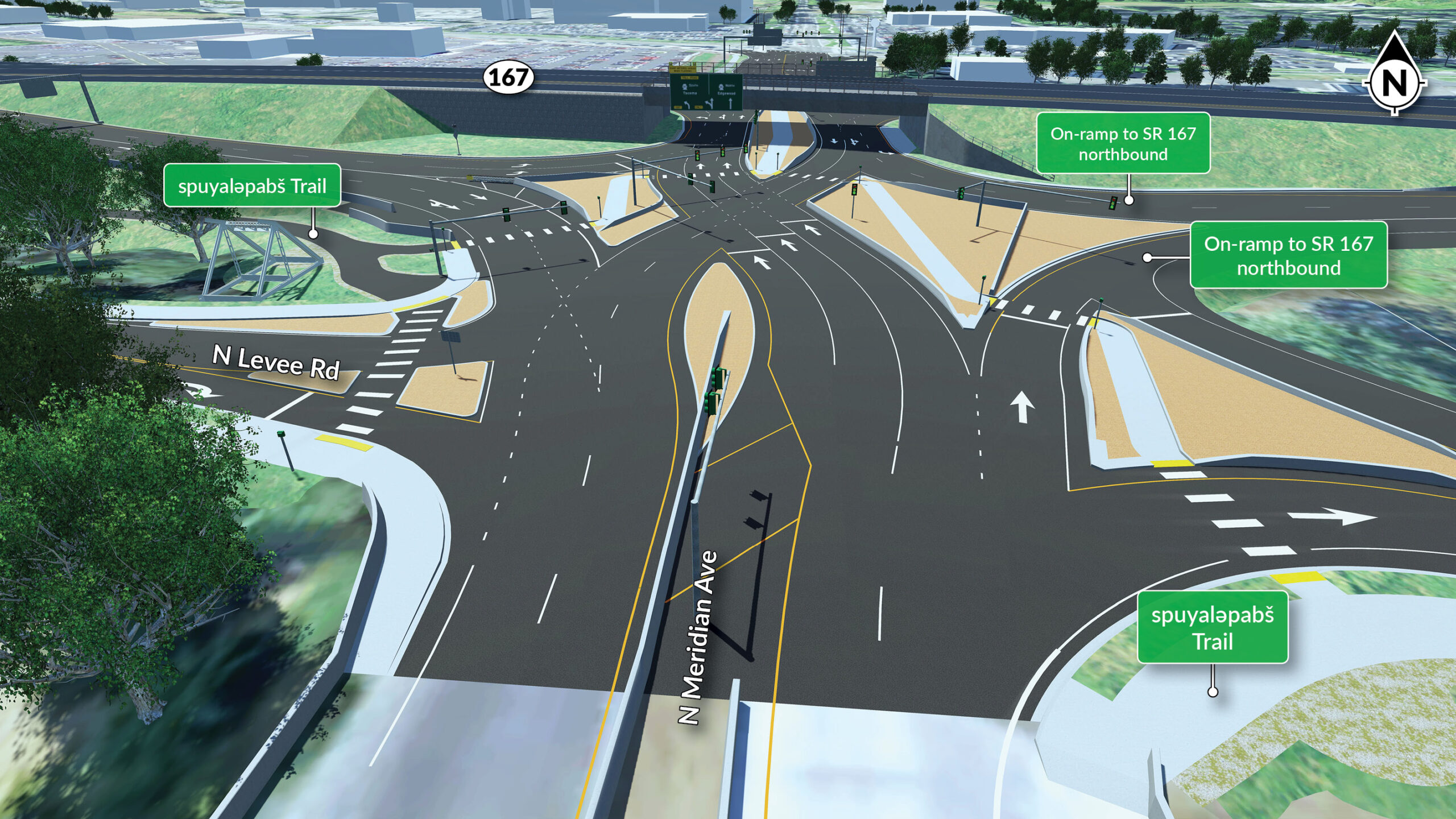 Rendering of future crosswalks and spuyaləpabš Trail access at North Meridian Avenue following interchange and shared-use path construction.