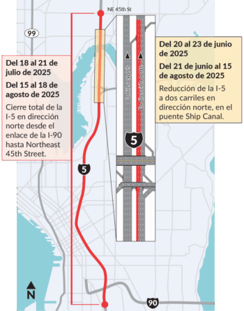 Este mapa muestra la I-5 desde I-90 hasta Northeast 45th Street en Seattle, y dónde se realizarán las obras en 2025.