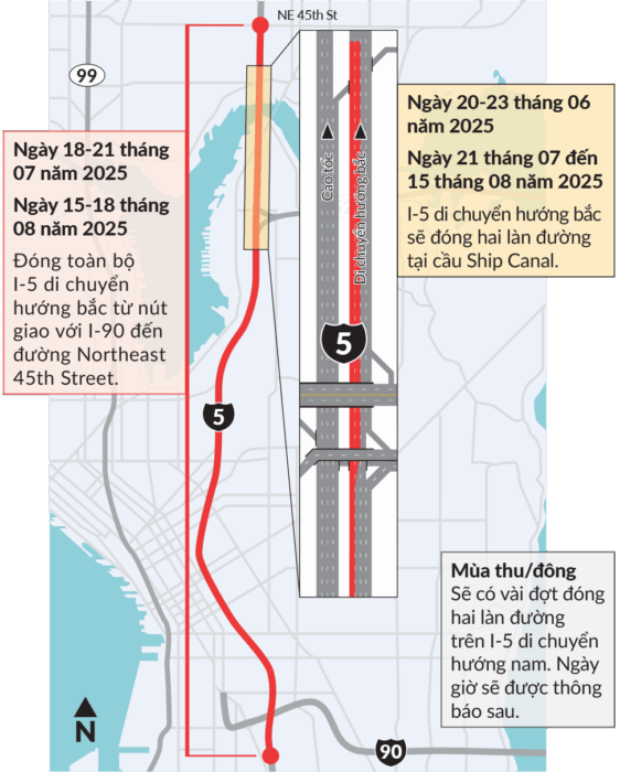 Bản đồ hiển thị I-5 từ I-90 đến Northeast 45th Street ở Seattle và vị trí thi công dự kiến vào năm 2025.