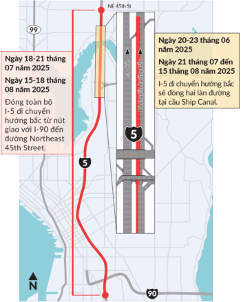 Bản đồ hiển thị I-5 từ I-90 đến Northeast 45th Street ở Seattle và vị trí thi công dự kiến vào năm 2025.