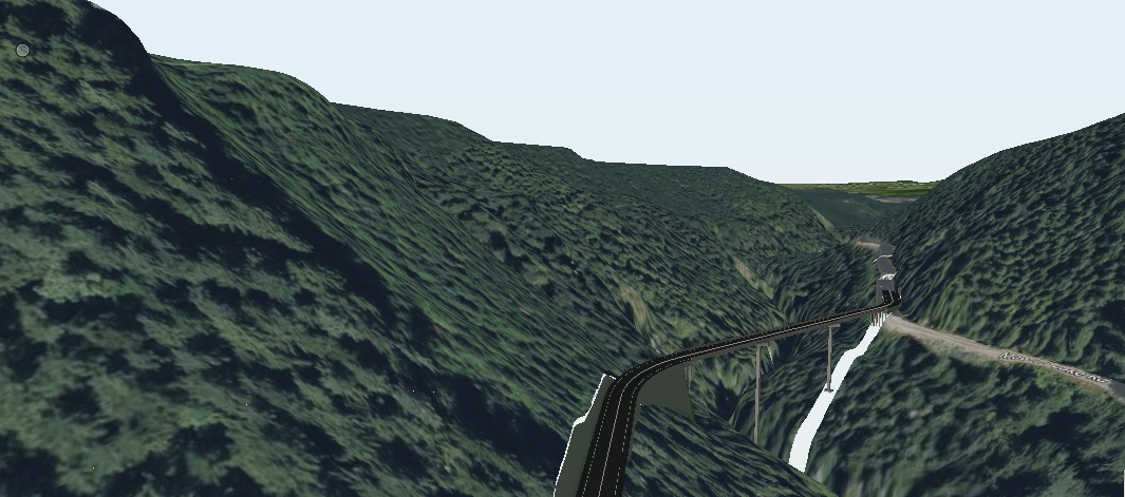 Rendering of preliminary concept of bridge replacement north of the existing bridge, looking north.
