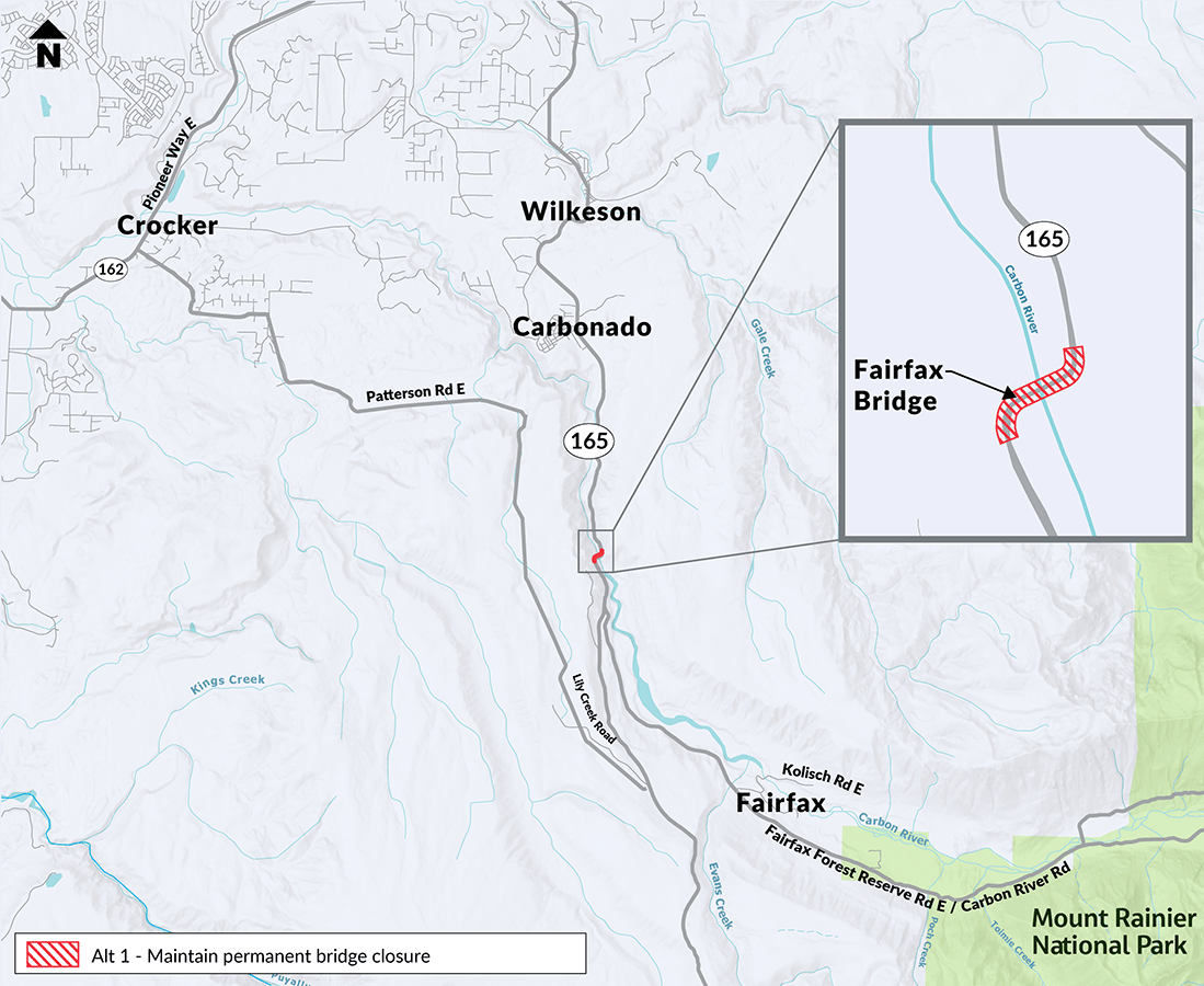 Map showing location of the existing bridge, where SR 165 would dead end in Carbonado