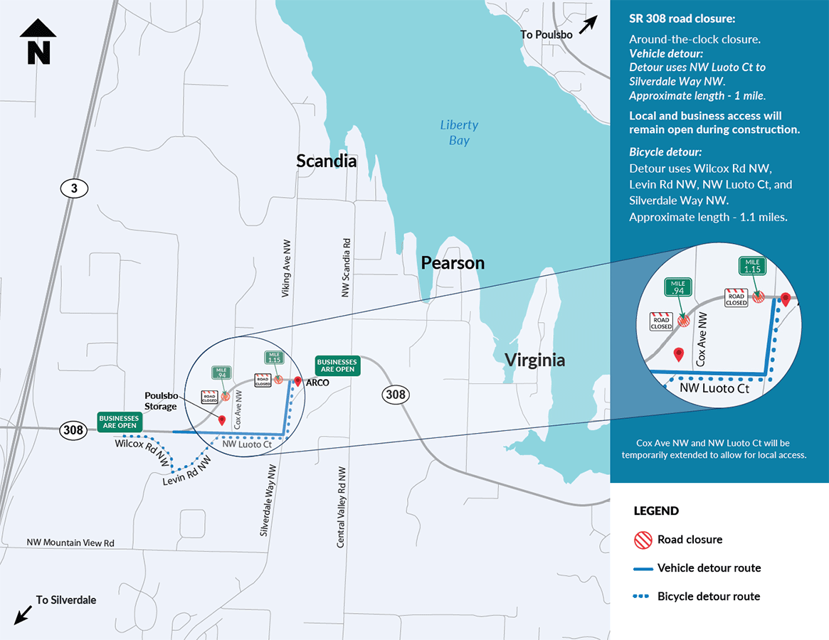 Map graphic showing the detour route around the closures at milepost .94 and milepost 1.15 on SR 308, west of Keyport. The vehicle detour uses NW Luoto Ct to Silverdale Way NW and the approximate length is 1 mile. The bicycle detour uses Wilcox Rd NW, Levin Rd NW, NW Luoto Ct, and Silverdale Way NW and the approximate length is 1.1 miles. Local and business access will remain open during construction.