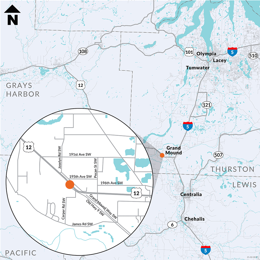 Mapa de la ubicación del proyecto, cerca de Grand Mound en US 12 y Old Highway 9