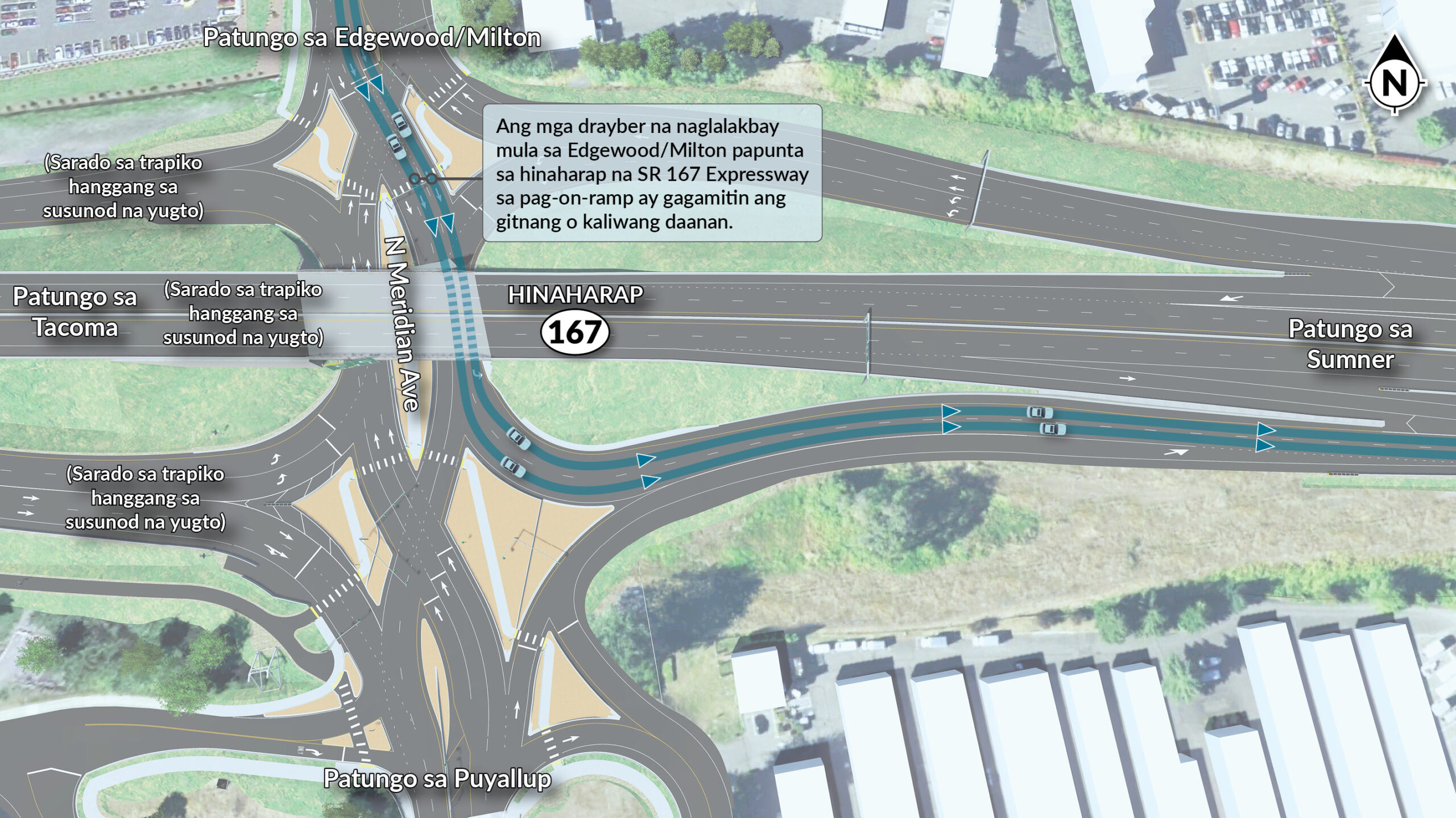 Gagamitin ng mga motoristang bumibyahe mula Edgewood at Milton papuntang Sumner ang alinman sa gitna o kaliwang linya para ma-access ang on-ramp pahilaga ng SR 167.