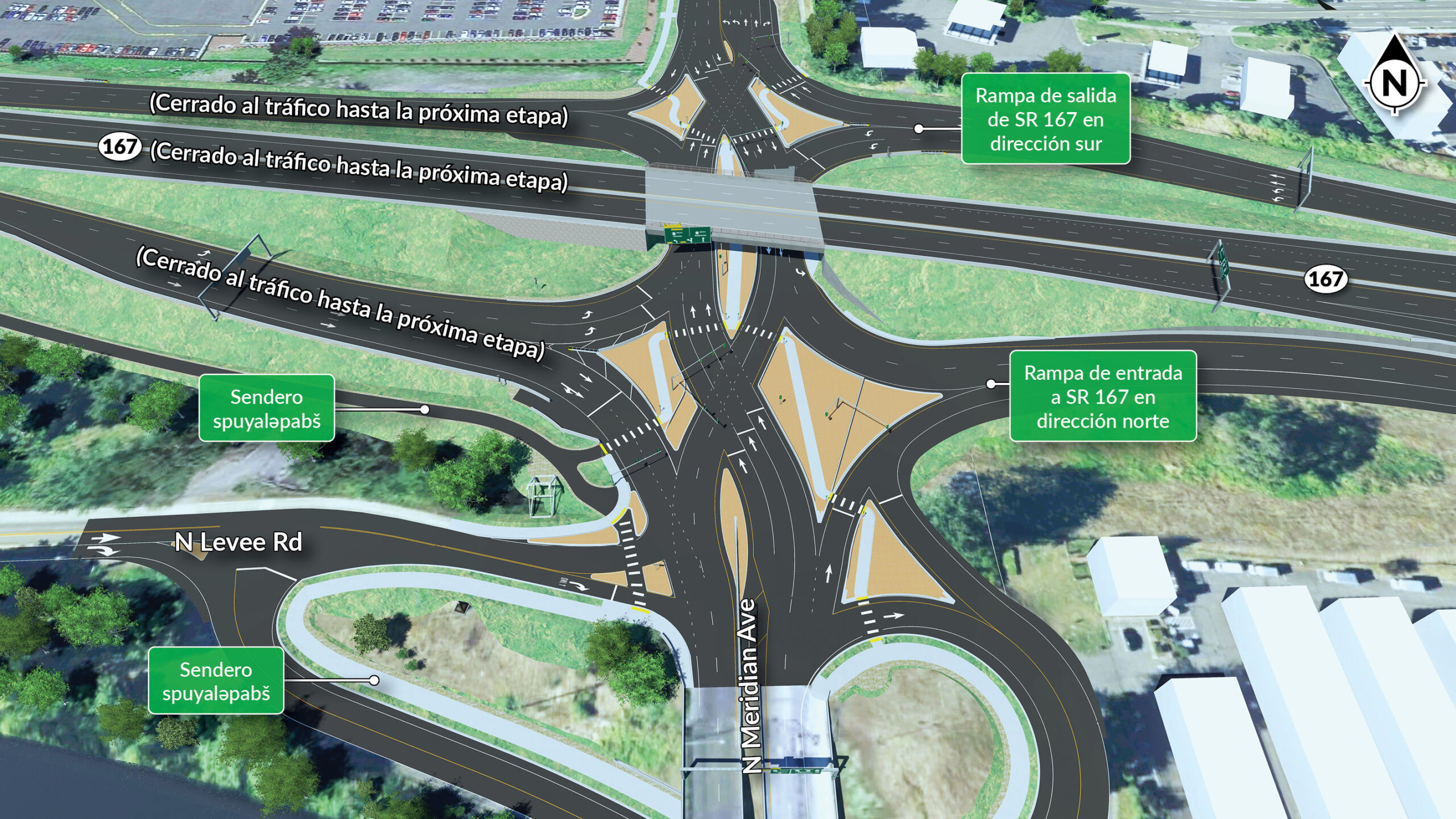 Los viajeros pueden utilizar los nuevos carriles y las rampas de entrada y salida de la SR 167 en el futuro enlace divergente en diamante de North Meridian cuando finalice el proyecto de la etapa 2a en 2027. Las conexiones adicionales de la SR 167 estarán abiertas al tráfico en 2029, una vez finalizado el proyecto de la etapa 2b.