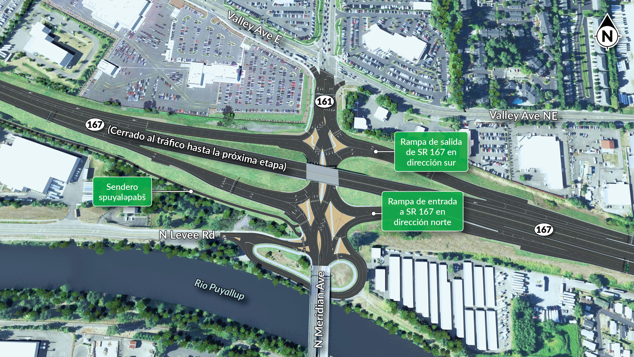 El nuevo enlace divergente en diamante en la SR 167 y la SR 161/North Meridian Avenue ofrecerá nuevas conexiones entre la SR 167, SR 161, SR 512 y la SR 410