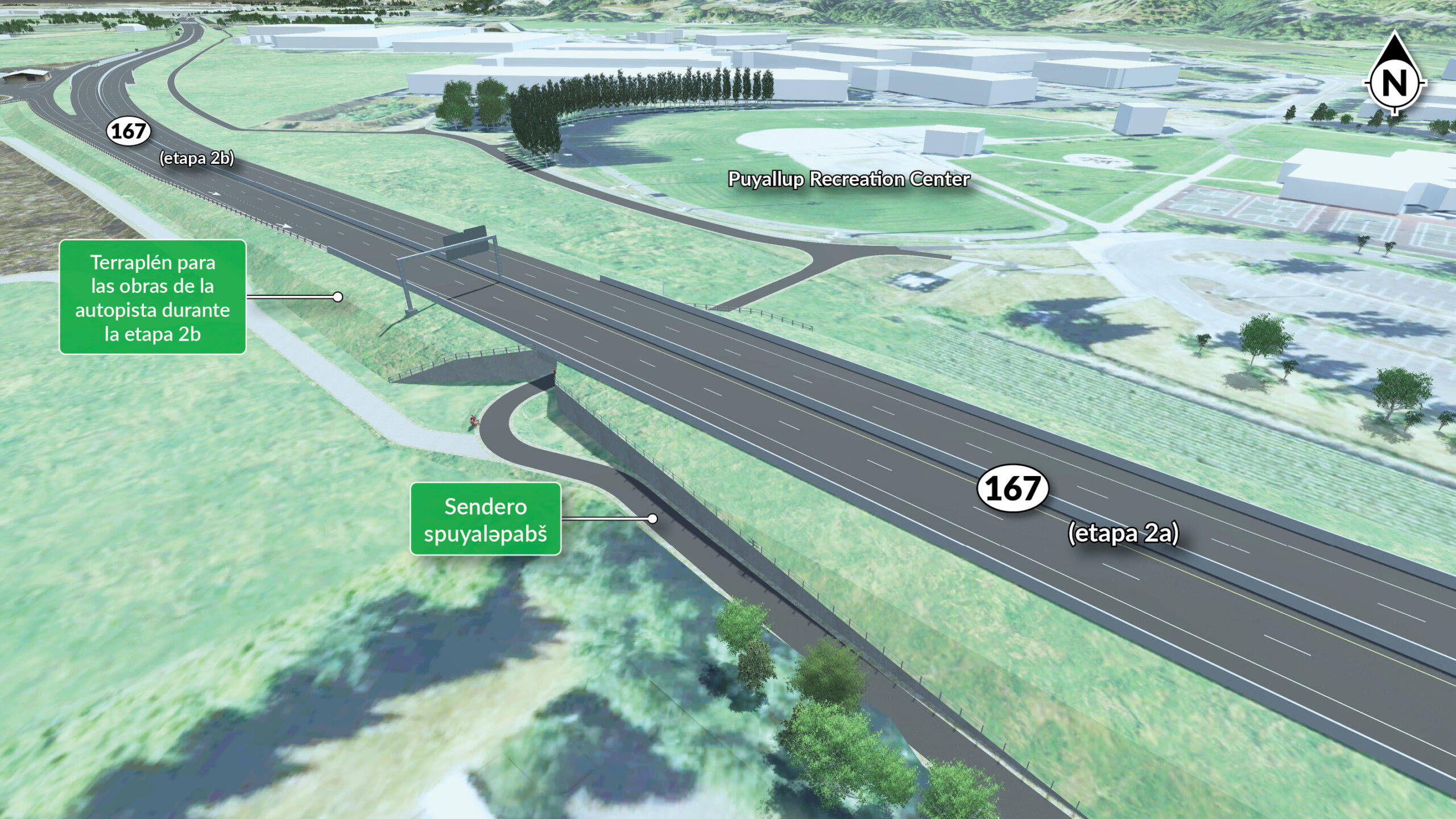 WSDOT construirá nuevos terraplenes entre el Puyallup Recreation Center y la SR 410 para ayudar con la construcción de la nueva autopista de peaje, el enlace divergente en diamante y el ensanchamiento de la ruta entre la SR 161/North Meridian Avenue y la SR 410.