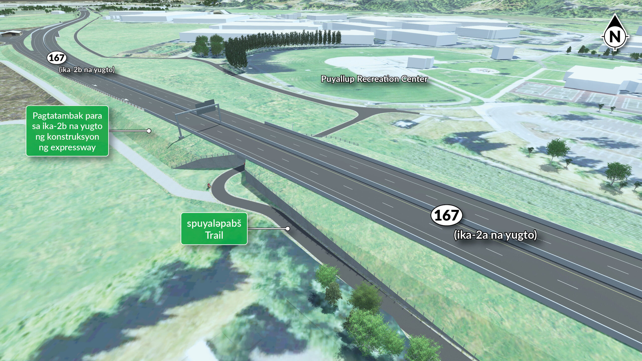Ang WSDOT ay magtatayo ng mga bagong pagtatambak sa pagitan ng Puyallup Recreation Center at SR 410 upang suportahan ang pagtatayo ng bagong expressway, diverging diamond interchange at pagpapalawak ng kalsada sa pagitan ng SR 161/North Meridian Avenue at SR 410.