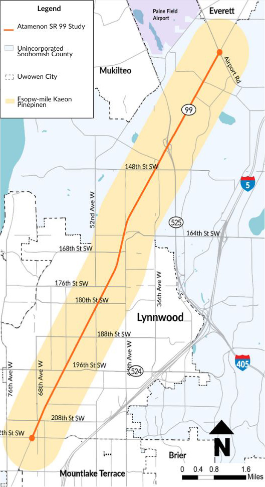 Ewe SR 99/Lynnwood me pwan nenien Unincorporated Snohomish County Pre-Design Study a kan feino won SR 99, seni Airport Road non Everett tori 212th Street Southwest non Lynnwood. Ewe nenien study mei pachenong ew esopw-mile pinepin arun ewe nenien an.