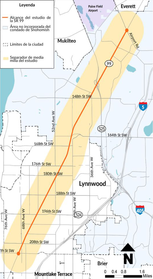 El corredor vial de la SR 99 de Lynnwood y la zona no incorporada del condado de Snohomish, que constituyen el objeto del estudio de prediseño, se extienden por la SR 99, desde Airport Road en Everett hasta 212th Street Southwest en Lynnwood. El área de estudio incluye una barrera de media milla alrededor de la carretera.