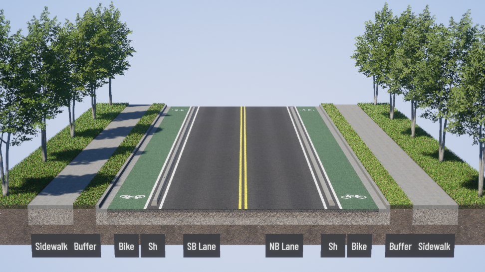 An image showing an example of separated bike lanes for each direction of travel. These lanes are separated by a raised traffic curb and have a buffer of vegetation separating the raised sidewalk from bike lane.