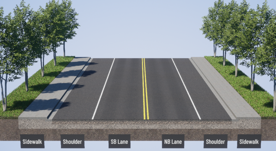 An image showing a cross-section of SR 525 between Paine Field Blvd to 88th Street Southwest showing current road conditions, with sidewalks on both sides and vegetation running alongside each sidewalk