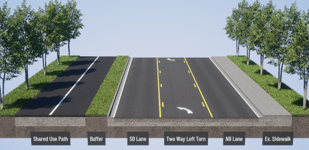 An image showing an example of a shared use path running parallel to SR 525, separated by a buffer with vegetation.