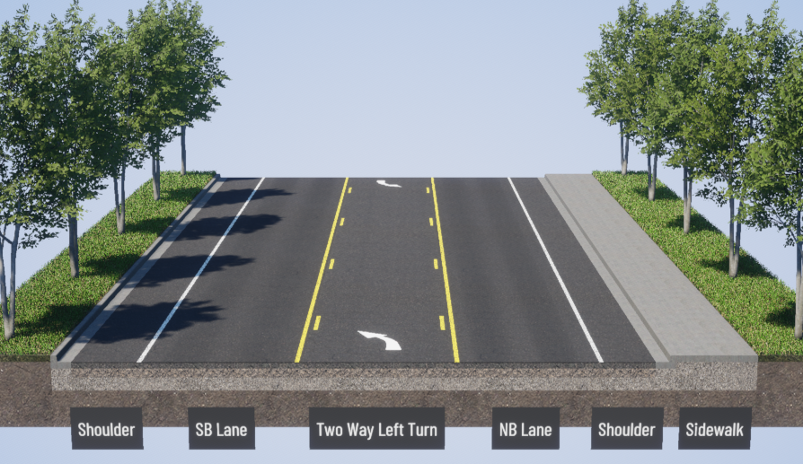 An image showing a cross-section of SR 525 from 88th Street Southwest to 76th Street Southwest showing current road conditions, with sidewalks on both sides and vegetation running alongside each sidewalk.