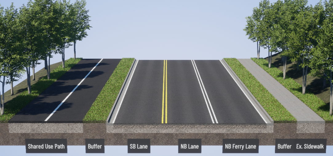 An image showing a cross-section of SR 525 from 76th Street Southwest to 6th Street showing current road conditions, with sidewalks on both sides and vegetation running alongside each sidewalk.