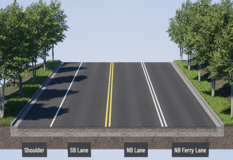 An image showing a cross-section of SR 525 from 76th Street Southwest to 6th Street showing current road conditions, with sidewalks on both sides and vegetation running alongside each sidewalk.