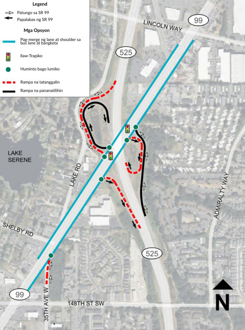 Ipinapakita sa mapa ng SR 99 at SR 525 interchange ang mga daanang papuntang SR 99, mga daanang palabas sa SR 99, at ang mga opsyon para sa pagbabago ng interchange.