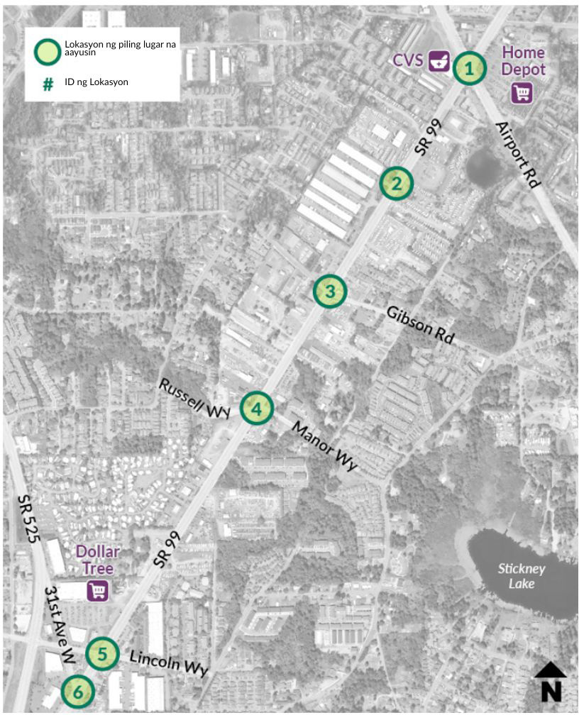 Ipinapakita ng mapa ang seksiyon ng SR 99 study area mula Airport Road hanggang Lincoln Way. Tampok sa kahabaan ng corridor ang CVS, Home Depot, at Dollar Tree. Matatagpuan sa kahabaan ng daan ng SR 99 ang limang piling lugar na aayusin.