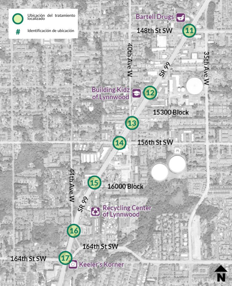 Un mapa muestra un tramo del área de estudio de la SR 99 desde 148th Street Southwest hasta 164th Street Southwest. Building Kidz of Lynnwood (preescolar), el centro de reciclaje de Lynnwood y Keeler's Korner se destacan a lo largo del corredor vial. Hay siete tratamientos puntuales a lo largo de la carretera SR 99.