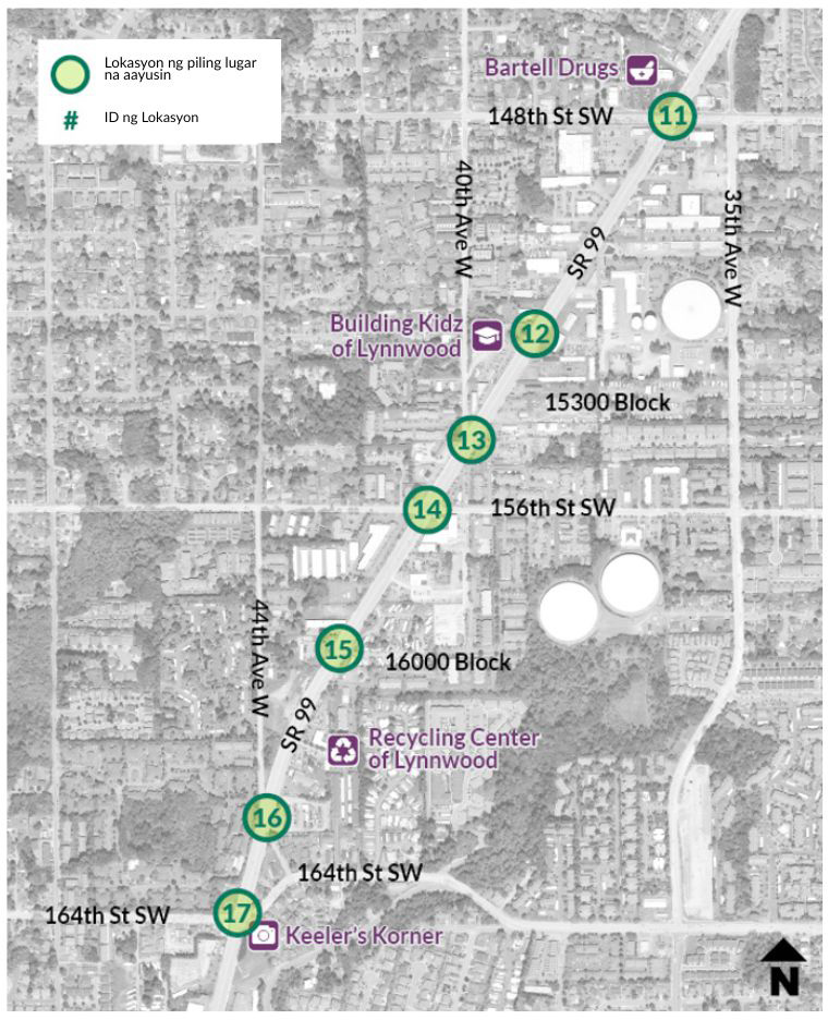 Ipinapakita ng mapa ang seksiyon ng SR 99 study area mula 148th Street Southwest hanggang 164th Street Southwest. Tampok sa kahabaan ng corridor ang Building Kidz of Lynnwood (Preschool), Recycling Center of Lynnwood, at Keeler’s Korner. Matatagpuan sa kahabaan ng daan ng SR 99 ang pitong piling lugar na aayusin.