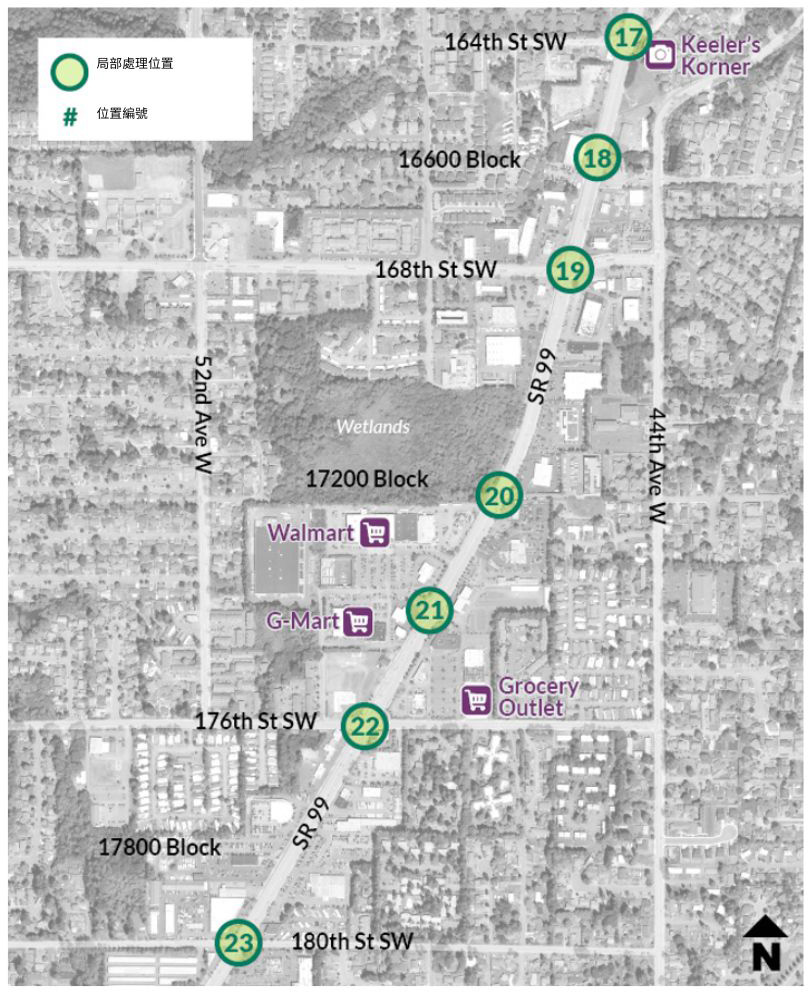 地圖顯示了 SR 99 研究區域從 164th Street Southwest 至 180th Street Southwest 的路段。走廊沿線突出顯示了 Keeler’s Korner、Walmart、G-Mart、Grocery Outlet 和 Lynnwood Department of Motor Vehicles (DMV)。SR 99 道路沿線有八個定點處理。