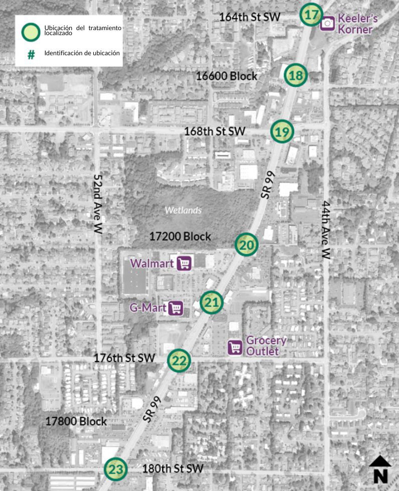 Un mapa muestra un tramo del área de estudio de la SR 99 desde 164th Street Southwest hasta 180th Street Southwest. Keeler's Korner, Walmart, G-Mart, Grocery Outlet y Lynnwood Department of Motor Vehicles (DMV) se destacan a lo largo del corredor vial. Hay ocho tratamientos puntuales a lo largo de la carretera SR 99.