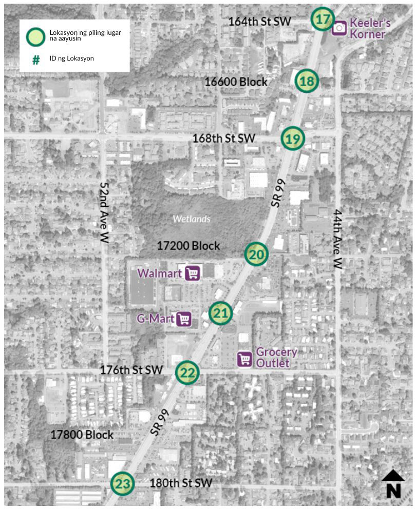 Ipinapakita ng mapa ang seksiyon ng SR 99 study area mula 164th Street Southwest hanggang 180th Street Southwest. Tampok sa kahabaan ng corridor ang Keeler’s Korner, Walmart, G-Mart, Grocery Outlet, and Lynnwood Department of Motor Vehicles (DMV). Matatagpuan sa kahabaan ng daan ng SR 99 ang walong piling lugar na aayusin.