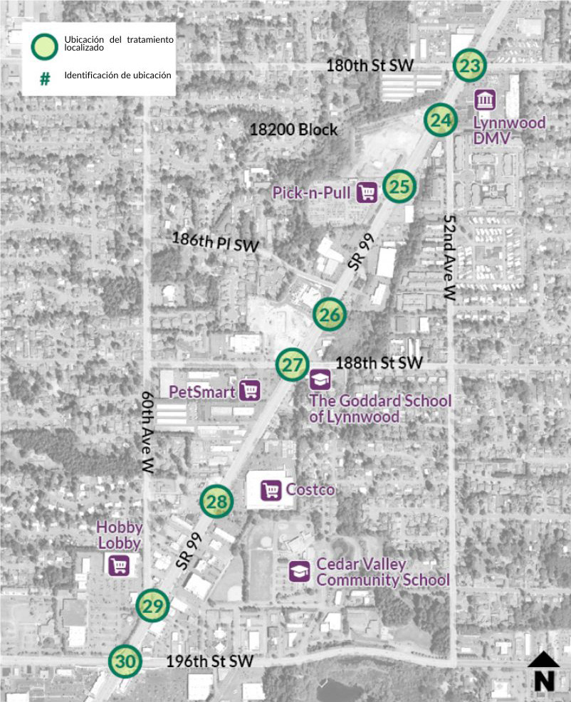 Un mapa muestra un tramo del área de estudio de la SR 99 desde 180th Street Southwest hasta 2100 Block. Lynnwood DMV, Pick-n-Pull, PetSmart, Hobby Lobby, The Goddard School of Lynnwood, Costco y Cedar Valley Community School se destacan a lo largo del corredor vial. Hay siete tratamientos puntuales a lo largo de la carretera SR 99.