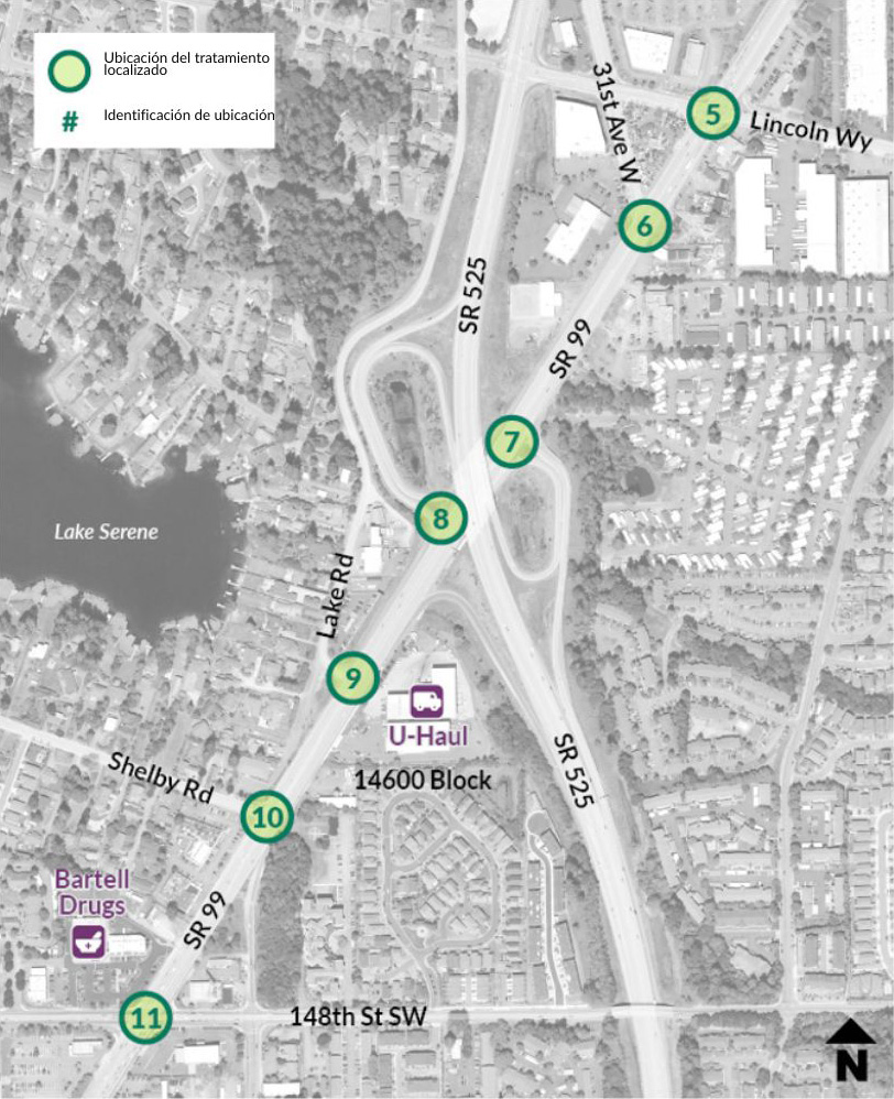 Un mapa muestra un tramo del área de estudio de la SR 99 desde Lincoln Way hasta 148th Street Southwest. U-Haul y Bartell Drugs se destacan a lo largo del corredor vial. Hay cinco tratamientos puntuales a lo largo de la carretera SR 99.