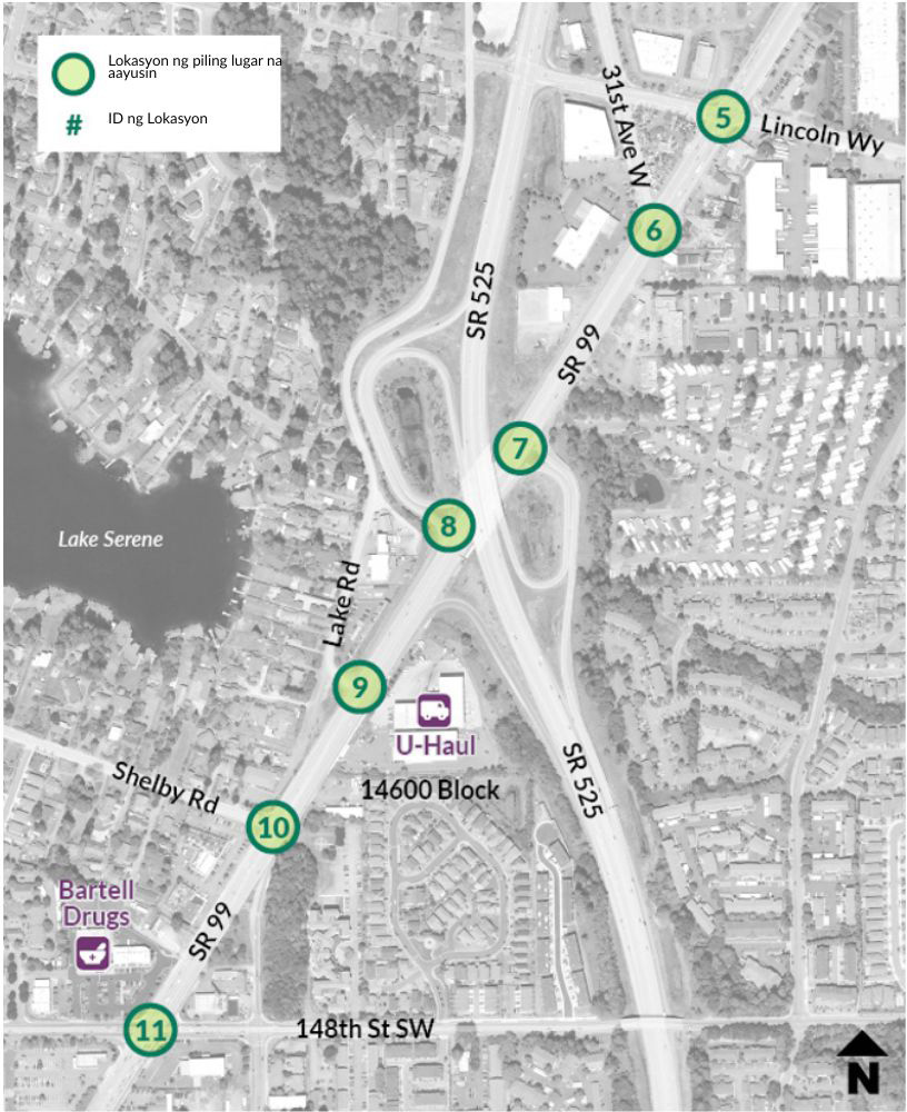Ipinapakita ng mapa ang seksiyon ng SR 99 study area mula Lincoln Way hanggang 148th Street Southwest. Tampok sa kahabaan ng corridor ang U-Haul at Bartell Drugs. Matatagpuan sa kahabaan ng daan ng SR 99 ang limang piling lugar na aayusin. 
