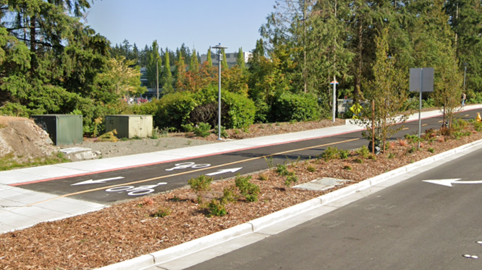 A suburban street featuring a clearly marked bicycle path with a lane dedicated for opposing directions of travel. The path is separated from the main road by a buffer containing vegetation.