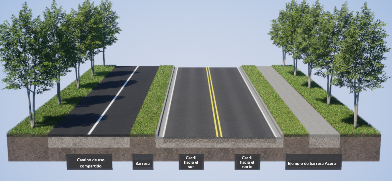 Imagen que muestra un ejemplo de un camino de uso compartido que corre paralelo a la SR 525, separado por una barrera de vegetación.