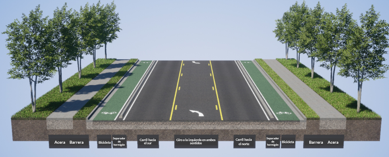 Una imagen que muestra un ejemplo de carriles para bicicleta separados para cada sentido de viaje. Estos carriles están separados por un borde elevado y tienen una barrera de vegetación que separa la acera elevada del carril de bicicleta.
