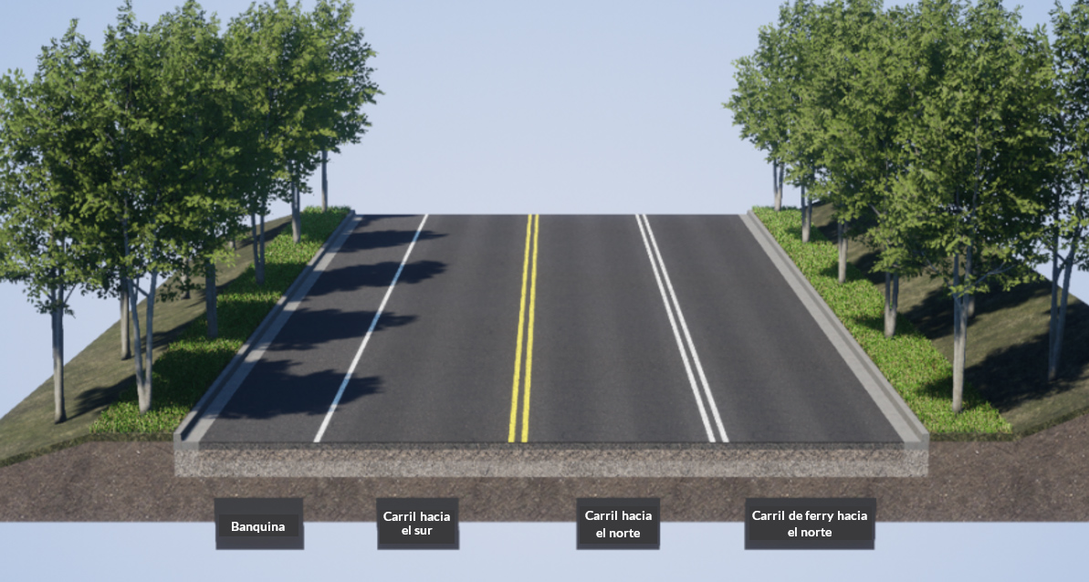 Una imagen que muestra una sección transversal de la SR 525 desde la 76th Street Southwest hasta la 6th Street mostrando las condiciones actuales de la carretera, con aceras a ambos lados y vegetación a lo largo de cada acera.