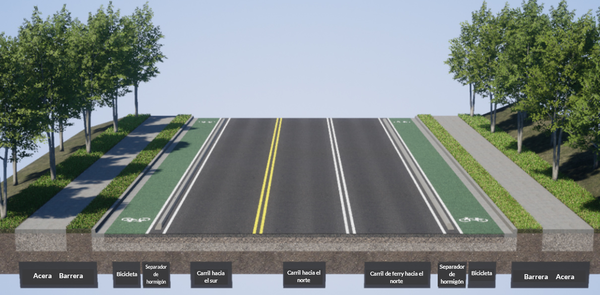 Una imagen que muestra un ejemplo de carriles para bicicleta separados para cada sentido de viaje. Estos carriles están separados por un borde elevado y tienen una barrera de vegetación que separa la acera elevada del carril de bicicleta.
