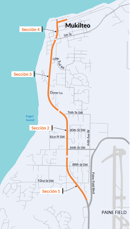 Una línea naranja que muestra el área del proyecto para ambos proyectos en la SR 525. La línea está dividida en cuatro segmentos, comienza en el Segmento 1, que va desde el Paine Field Blvd (tramo SR 525) hasta la 88th Street Southwest. El segmento 2 va desde la 88th Street Southwest hasta la 76th Street Southwest. El segmento 3 va desde la 76th Street Southwest hasta la 6th Street. El segmento 4 va desde la 6th Street hasta la terminal de ferry de Mukilteo. 