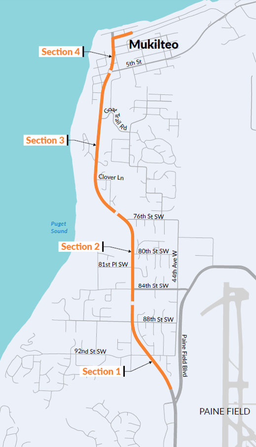An orange line showing the project area for both projects on SR 525. The line is divided into four segments, starting with Segment 1 being located from Paine Field Blvd (SR 525 Spur) to 88th Street Southwest. Segment 2 is from 88th Street Southwest to 76th Street Southwest. Segment 3 is from 76th Street Southwest to 6th Street. Segment 4 is from 6th Street to the Mukilteo Ferry Terminal.