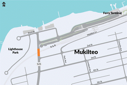 A map showing an orange line representing the SR 525 bridge over the railroad project in Mukilteo, Washington near the new ferry landing.