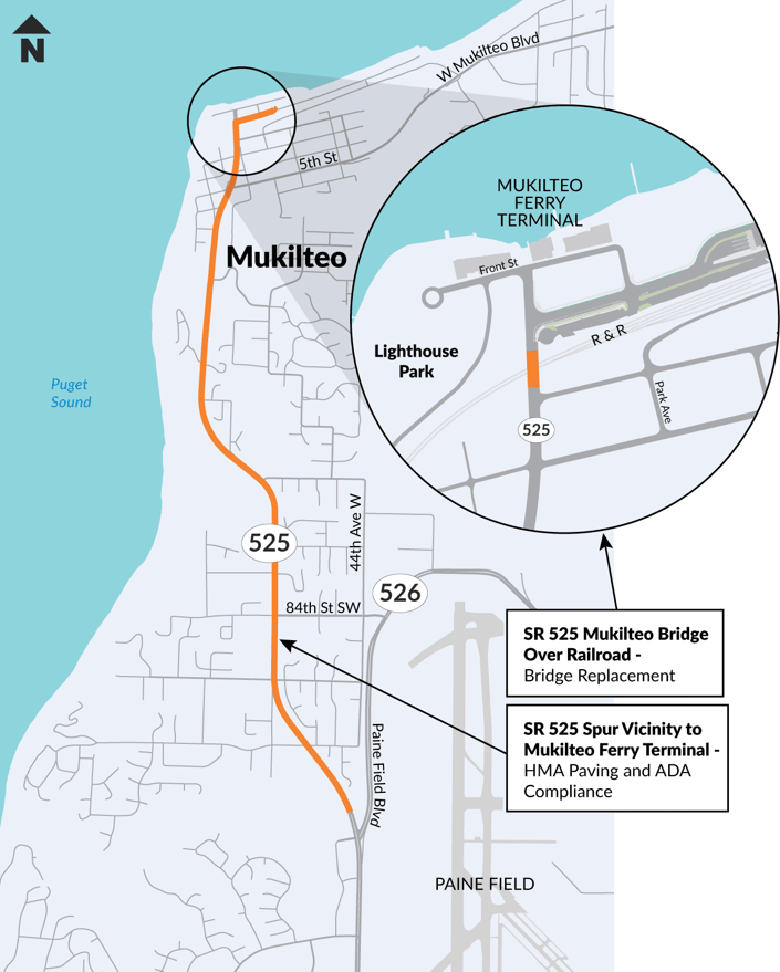 A map showing an orange line representing the two project locations on SR 525 for the Spur Vicinity to Mukilteo Ferry Terminal and the Bridge Over the Railroad projects in Mukilteo, Washington near the new ferry landing.
