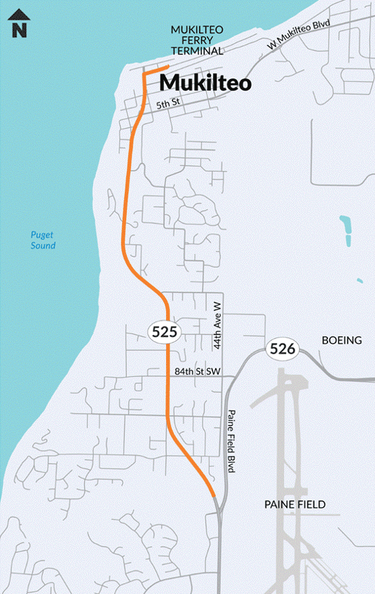 A map with an orange line showing the limits the SR 525/ SR 525 Spur Vic to Mukilteo Ferry Terminal – HMA Paving and ADA Compliance project. The SR 525/ SR 525 Spur Vic to Mukilteo Ferry Terminal – HMA Paving and ADA Compliance project begins just north of the SR 526 spur (milepost 5.72) and ends at the ferry terminal (milepost 8.47).
