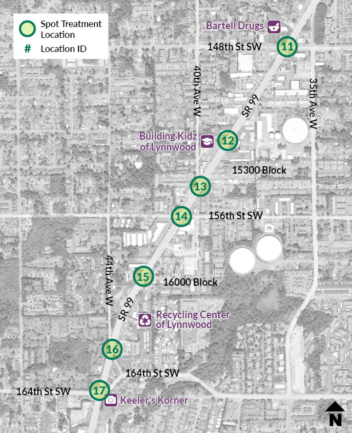 A map shows a section of the SR 99 study area from 148th Street Southwest to 164th Street Southwest. Building Kidz of Lynnwood (Preschool), Recycling Center of Lynnwood, and Keeler's Korner are highlighted along the corridor. Seven spot treatments are located along the SR 99 roadway.