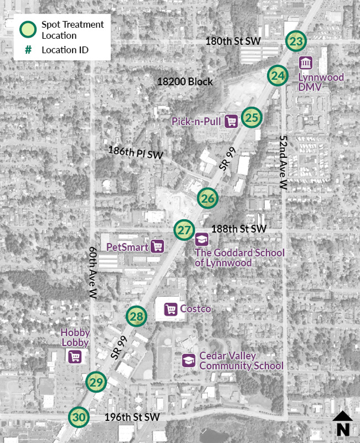 A map shows a section of the SR 99 study area from 180th Street Southwest to 2100 Block. Lynnwood DMV, Pick-n-Pull, PetSmart, Hobby Lobby, The Goddard School of Lynnwood, Costco, and Cedar Valley Community School are highlighted along the corridor. Seven spot treatments are located along the SR 99 roadway.