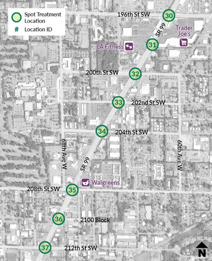 A map shows a section of the SR 99 study area from 196th Street Southwest to 212th Street Southwest. LA Fitness, Trader Joe's and Walgreens are highlighted along the corridor. Eight spot treatments are located along the SR 99 roadway.