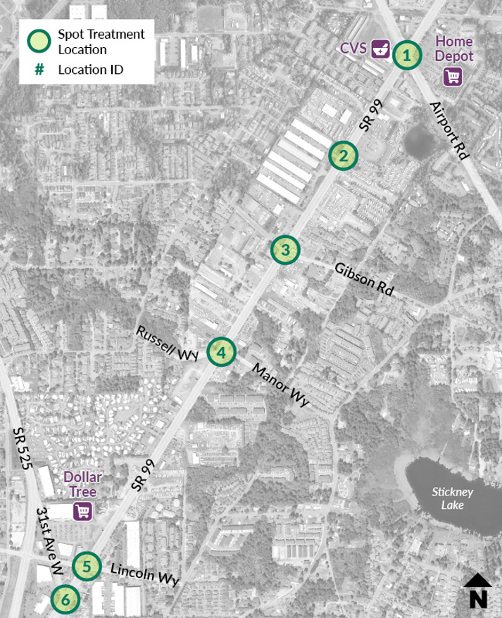 A map shows a section of the SR 99 study area from Airport Road to Lincoln Way. CVS, Home Depot, and Dollar Tree are highlighted along the corridor. Five spot treatments are located along the SR 99 roadway.