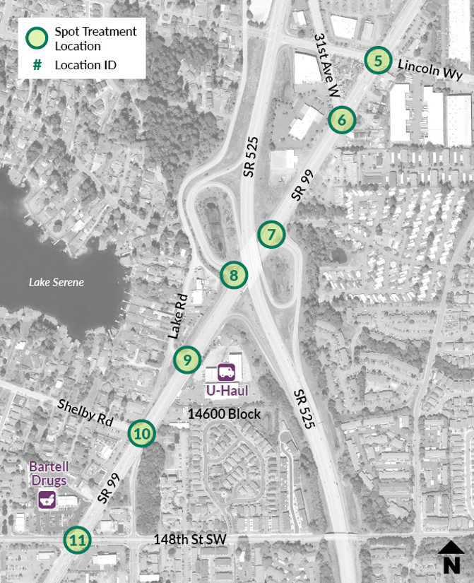 A map shows a section of the SR 99 study area from Lincoln Way to 148th Street Southwest. U-Haul and Bartell Drugs are highlighted along the corridor. Five spot treatments are located along the SR 99 roadway.